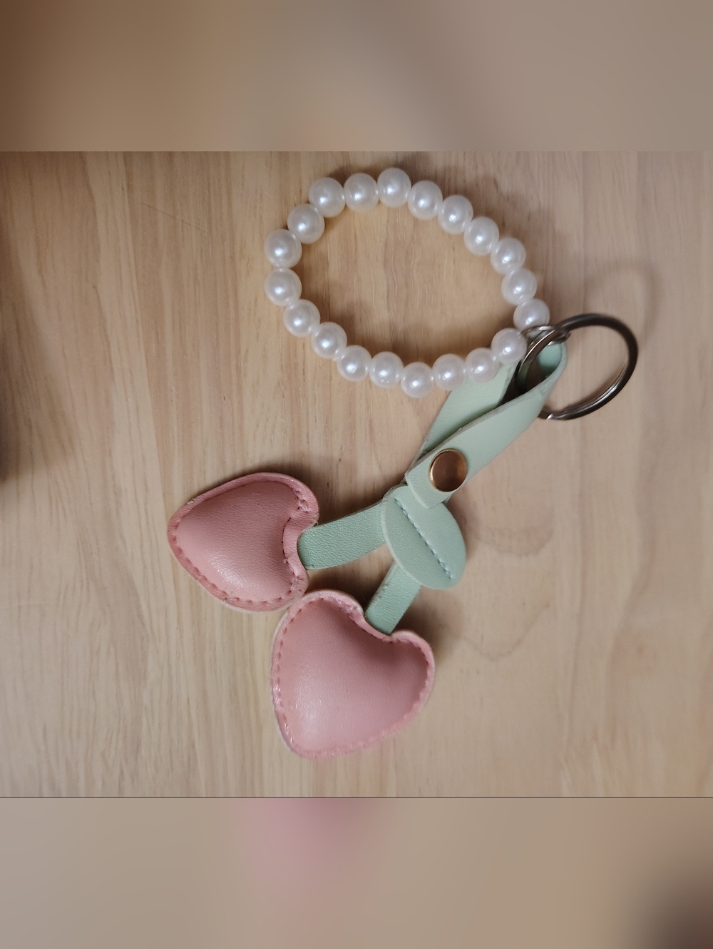 Y2K Kawaii Pink Sweet Cherry Glittery Faux Leather Charm Pearl Dangle Keychain